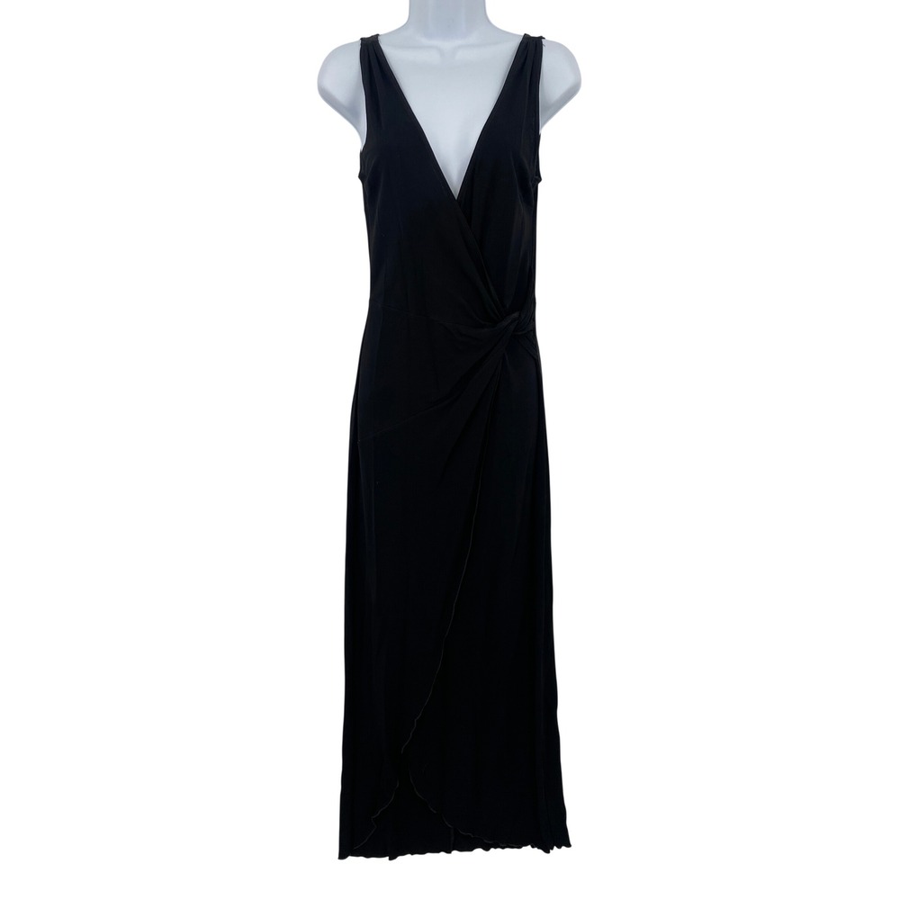 Vintage Y2K Bebe Maxi Dress Black V-Neck Faux Wrap Knot Front Vintage Sleeveless